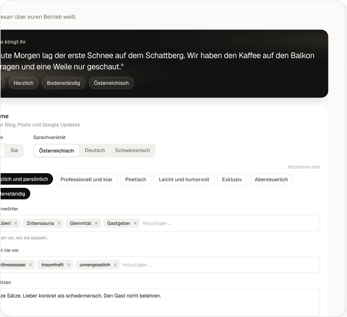 Die Stimme in Cesarr: Anrede, Sprachvariante, Ton, Markenwörter und Wörter, die nie vorkommen.