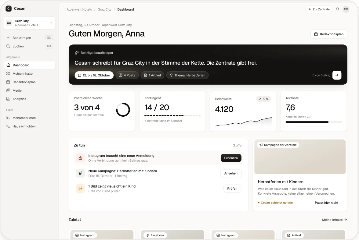 Das Dashboard eines Hauses: offene Aufgaben, Beiträge in der Freigabe und Kampagnen der Zentrale.