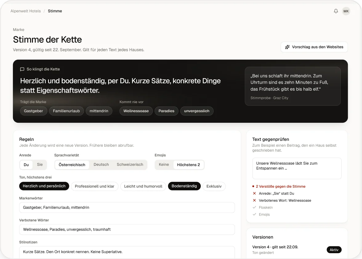 Die Stimme der Kette: Anrede, Ton, Markenwörter und Regeln für alle Häuser.