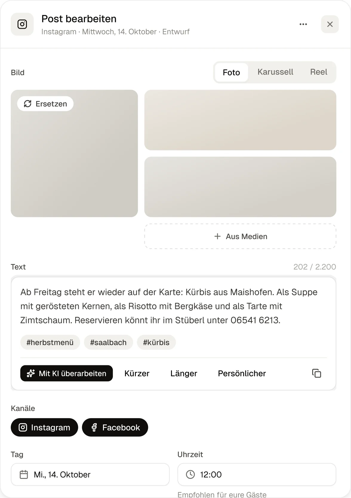Ein Post im Editor: Fotos, Text mit Hashtags, Knöpfe für kürzer, länger und persönlicher, Kanäle und Uhrzeit.