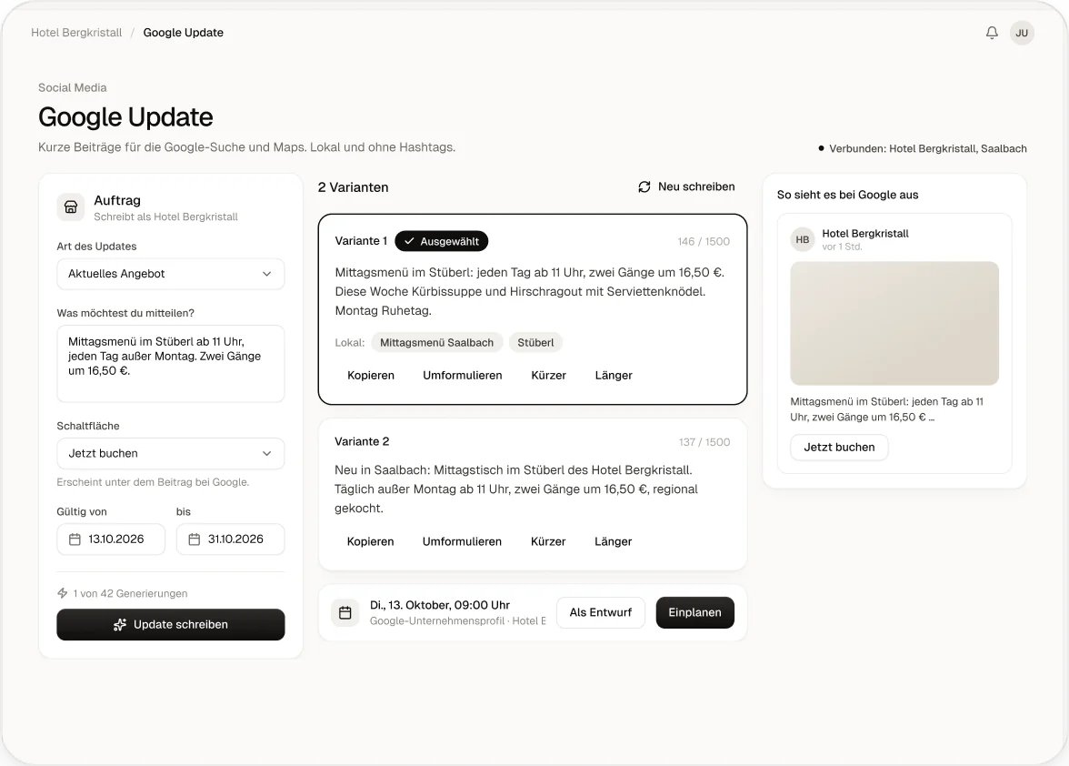 Ein Google-Beitrag im Editor, mit Vorschau, wie er im Google-Profil erscheint.