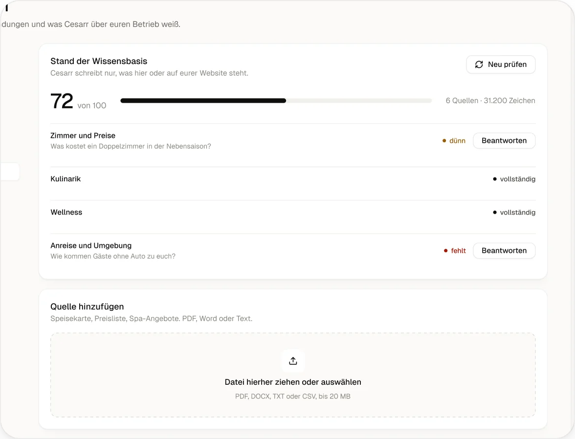 Die Wissensbasis eines Betriebs: Stand der Quellen, fehlende Angaben zu Zimmerpreisen und der Upload für Speisekarte und Prospekte.