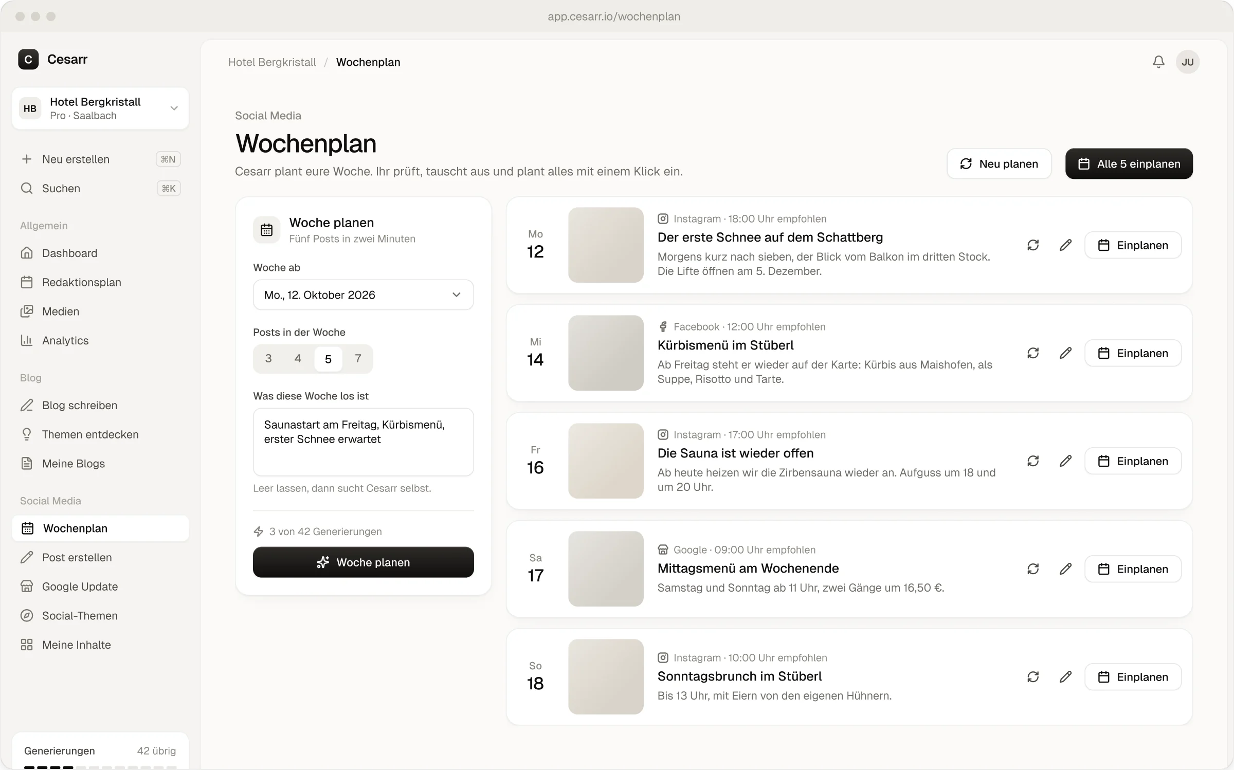 Der Wochenplan in Cesarr: fünf Posts für Instagram, Facebook und Google mit Tag, Uhrzeit und Knopf zum Einplanen.